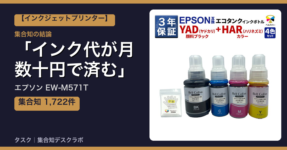 エプソン EW-M571Tの口コミ｜1,722件調べて分かった「インク代が月数十円で済む」｜評判・デメリット【2026】
