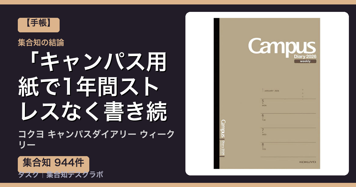 コクヨ キャンパスダイアリー ウィークリーの口コミ｜944件調べて分かった「キャンパス用紙で1年間ストレスなく書き続けられる」｜評判・デメリット【2026】