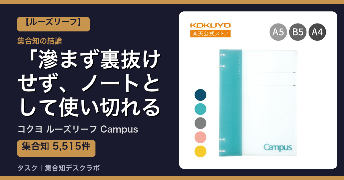 コクヨ ルーズリーフ Campusの口コミ｜5,515件調べて分かった「滲まず裏抜けせず、ノートとして使い切れる」｜評判・デメリット【2026】