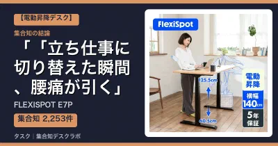 FLEXISPOT E7Pの口コミ・評判｜「立ち仕事に切り替えた瞬間、腰痛が引く」【2026】