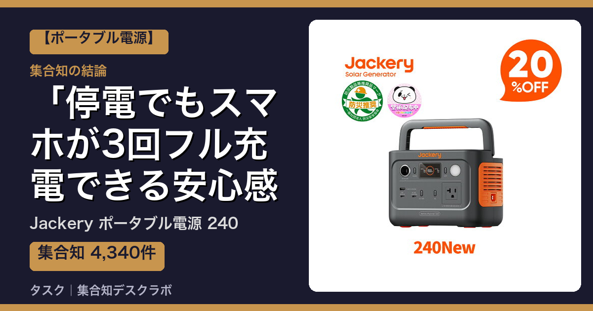 Jackery ポータブル電源 240の口コミ｜4,340件調べて分かった「停電でもスマホが3回フル充電できる安心感」｜評判・デメリット【2026】